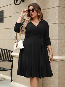 Plus Solid Tie Side Wrap Dress - Black - View 5