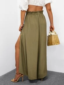 Simplee Plus Tie Front Wide Leg Trousers - Army Green - View 2