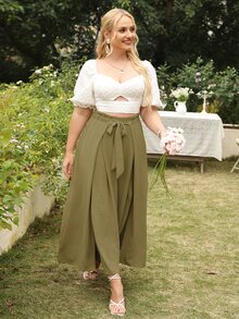Simplee Plus Tie Front Wide Leg Trousers - Army Green - View 4