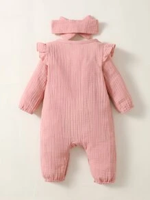 Recién nacido Bebé Mono ribete con fruncido con banda cabeza - Rosa vieja - Ver 2