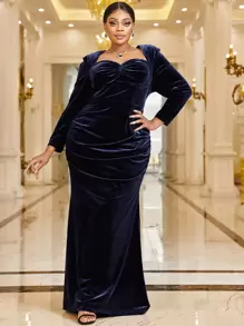 Giffniseti Vestido de fiesta escote corazón fruncido de terciopelo - Azul Marino - Ver 1