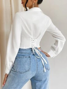 SHEIN Privé Solid Button Front Crop Work Women White Shirt,Long Sleeve Tops - White - View 2