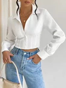 SHEIN Privé Solid Button Front Crop Work Women White Shirt,Long Sleeve Tops - White - View 4