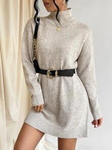 SHEIN LUNE Vestido de punto de cuello cisne de hombros caídos sin cinturón - Caqui - Ver 3