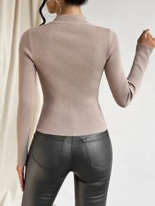 Half Zip Ribbed Knit Sweater - Khaki - View 2