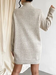 SHEIN LUNE Vestido de punto de cuello cisne de hombros caídos sin cinturón - Caqui - Ver 2