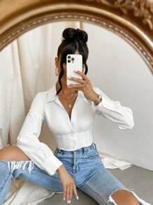 SHEIN Privé Solid Button Front Crop Work Women White Shirt,Long Sleeve Tops - White - View 6