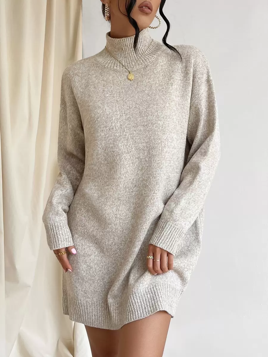 SHEIN LUNE Vestido de punto de cuello cisne de hombros caídos sin cinturón - Caqui - Ver 1