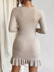 SHEIN Privé Ruffle Hem Bodycon Jumper Dress - Khaki - View 2