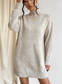 SHEIN LUNE Vestido de punto de cuello cisne de hombros caídos sin cinturón - Caqui - Ver 4