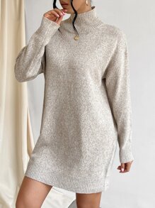 SHEIN LUNE Vestido de punto de cuello cisne de hombros caídos sin cinturón - Caqui - Ver 6