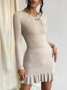 SHEIN Privé Ruffle Hem Bodycon Jumper Dress - Khaki - View 4