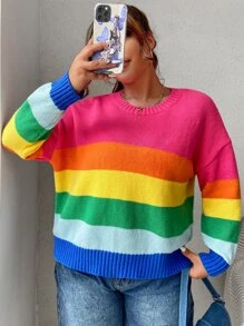 SHEIN Qutie 大碼彩虹條紋落肩袖套頭毛衣