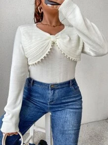 Plus Pearl Beaded Bow Front Jumper - White - View 1