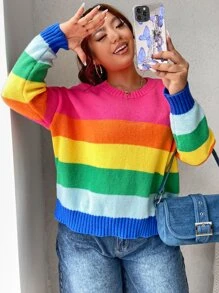 SHEIN Qutie 大碼彩虹條紋落肩袖套頭毛衣