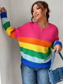 SHEIN Qutie 大碼彩虹條紋落肩袖套頭毛衣
