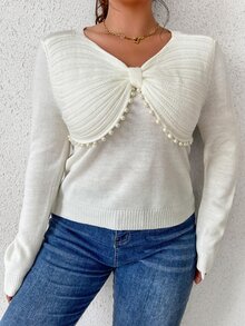 Plus Pearl Beaded Bow Front Jumper - White - View 5