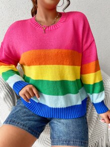 SHEIN Qutie 大碼彩虹條紋落肩袖套頭毛衣