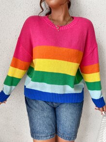 SHEIN Qutie 大碼彩虹條紋落肩袖套頭毛衣