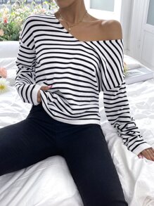 SHEIN Frenchy 條紋圖案落肩袖套頭毛衣 - 白色 - 查看 6