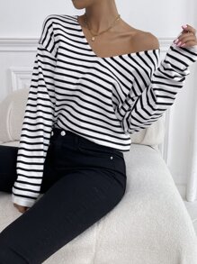 SHEIN Frenchy 條紋圖案落肩袖套頭毛衣 - 白色 - 查看 4