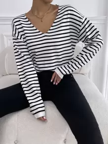 SHEIN Frenchy 條紋圖案落肩袖套頭毛衣 - 白色 - 查看 1