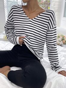 SHEIN Frenchy 條紋圖案落肩袖套頭毛衣 - 白色 - 查看 5