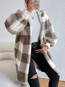 SHEIN Essnce Buffalo Plaid Print Open Front Hooded Flannel Coat - Multicolor - View 1