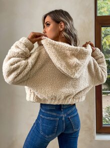 SHEIN Essnce 素色拉鏈開襟短款連帽泰迪夾克 - 卡其色 - 查看 2