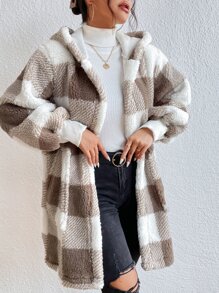 SHEIN Essnce Buffalo Plaid Print Open Front Hooded Flannel Coat - Multicolor - View 5