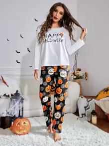 Conjunto de pijama Halloween con estampado calabaza & de slogan - Multicolor - Ver 3