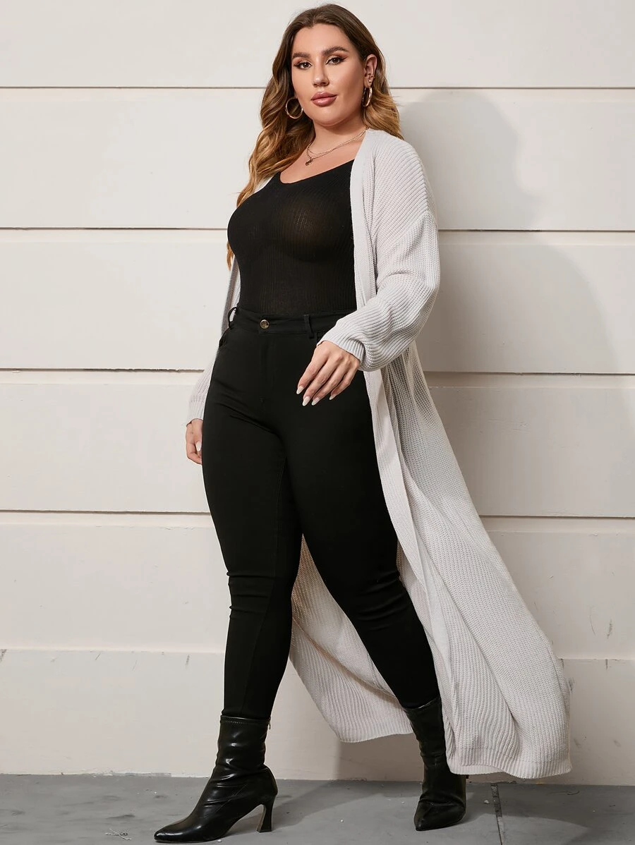 SHEIN LUNE áo hở cổ kích thước lớn màu trơn Giải trí - Màu Xám nhạt - Xem 1