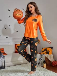 Conjunto de pijama Halloween estampado de calabaza - Naranja - Ver 3