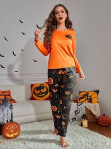 Conjunto de pijama Halloween estampado de calabaza - Naranja - Ver 4