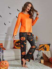 Conjunto de pijama Halloween estampado de calabaza - Naranja - Ver 5