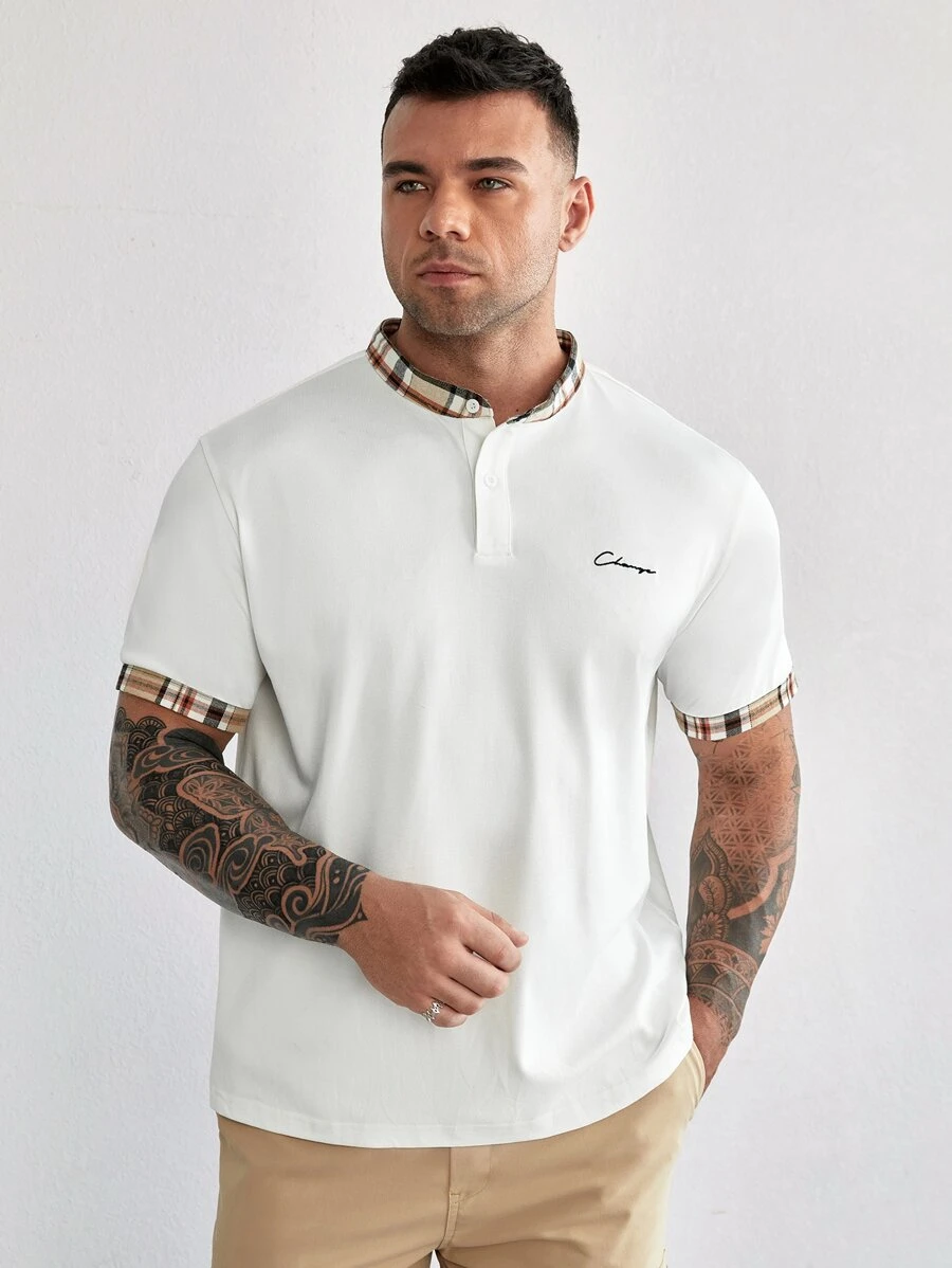 GENTILAND Men Plus Letter Embroidery Contrast Trim Polo Shirt - White - View 1