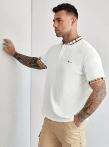 GENTILAND Men Plus Letter Embroidery Contrast Trim Polo Shirt - White - View 4