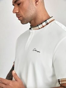 GENTILAND Men Plus Letter Embroidery Contrast Trim Polo Shirt - White - View 5