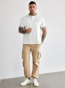 GENTILAND Men Plus Letter Embroidery Contrast Trim Polo Shirt - White - View 6