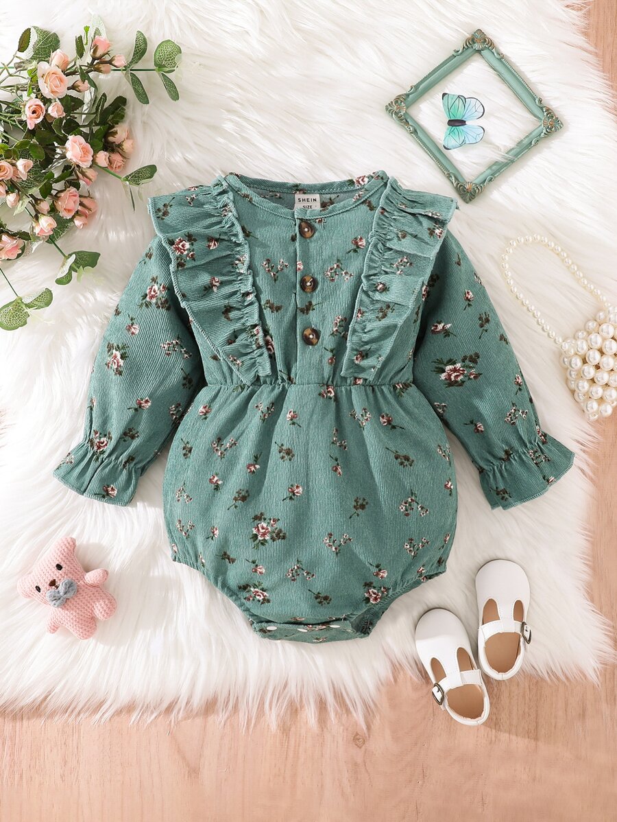 Baby Floral Print Ruffle Trim Flounce Sleeve Bodysuit - Green - View 1