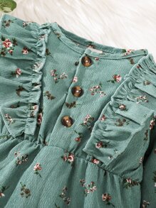 Baby Floral Print Ruffle Trim Flounce Sleeve Bodysuit - Green - View 3