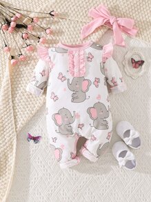 Baby Butterfly & Elephant Print Ruffle Trim Jumpsuit & Headband - White - View 1