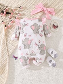 Baby Butterfly & Elephant Print Ruffle Trim Jumpsuit & Headband - White - View 2