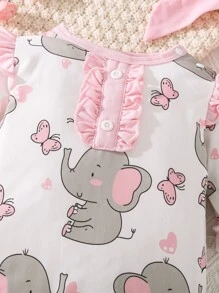 Baby Butterfly & Elephant Print Ruffle Trim Jumpsuit & Headband - White - View 3