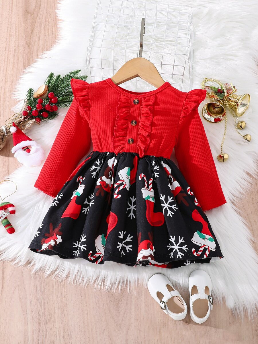 Bebé Vestido con estampado de Navidad ribete con fruncido - Multicolor - Ver 1