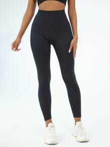 Yoga Basic Training Tights Seamless High Stretch Tummy Control Sports Tights - Black - View 3