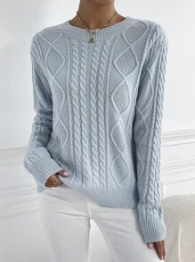 SHEIN Frenchy Round Neck Cable Knit Jumper - Baby Blue - View 3