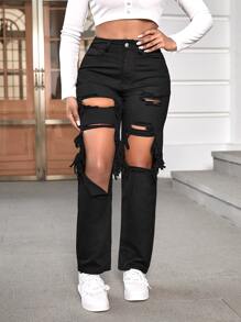 SHEIN Jeans mom roto de talle alto - Negro - Ver 4