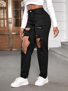 SHEIN Jeans mom roto de talle alto - Negro - Ver 1