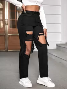 SHEIN Jeans mom roto de talle alto - Negro - Ver 5